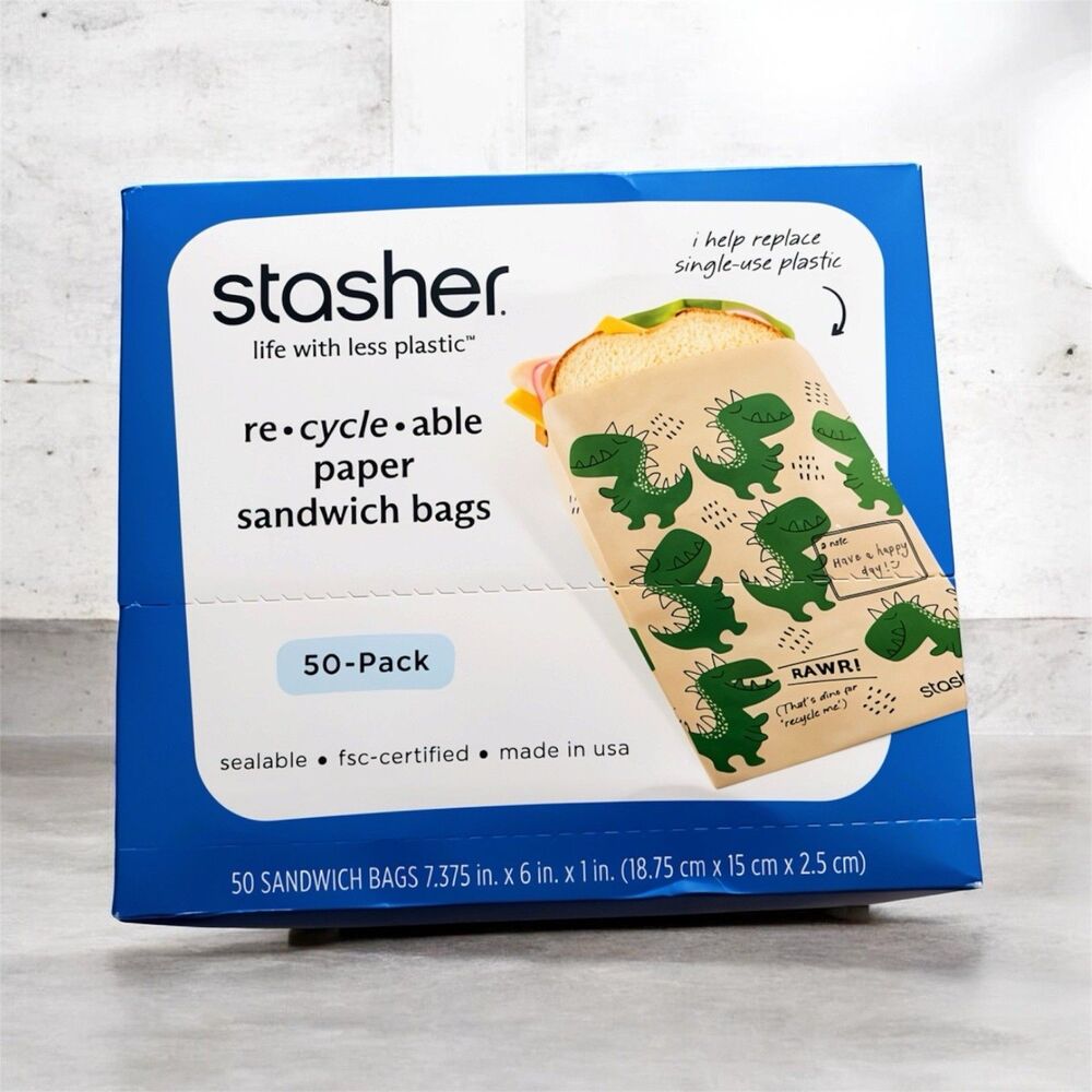 Stasher Recycleable Paper Sandwich Bag Dinosaur New In Box